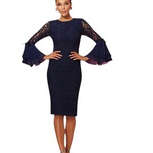 Eva Méndez Navy Lace Bell Sleeve Sheath Dress